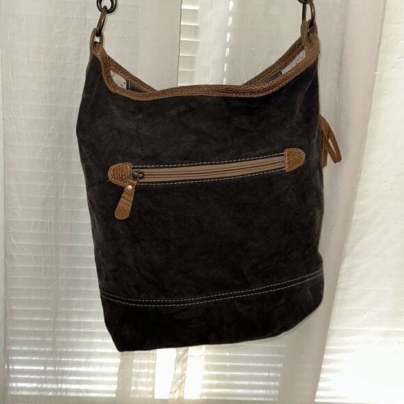 Myra Solidaster Crossbody Shoulder Upcycled Bag Leather Canvas Studded Floral - Picture 5 of 16